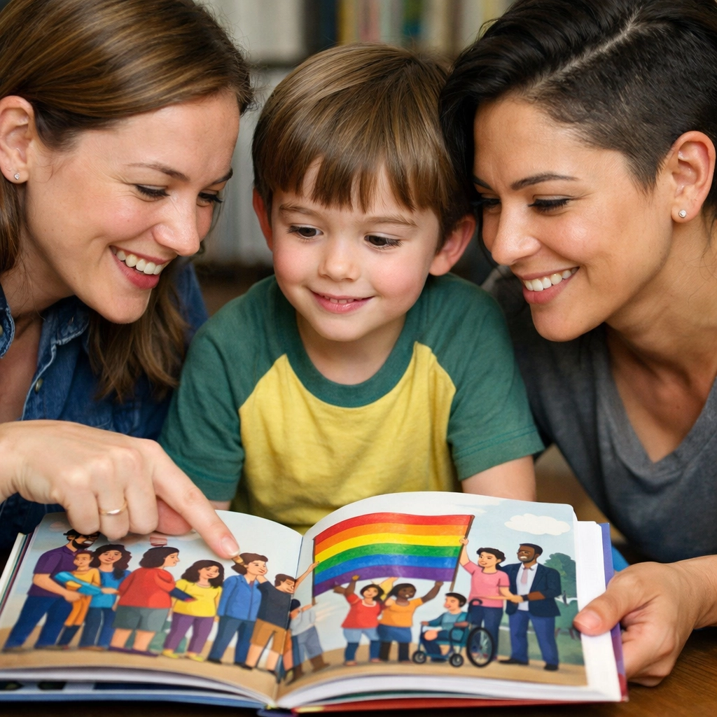 Lesbian parents teaching their son about pride and diversity using an LGBTQ+ picture book.