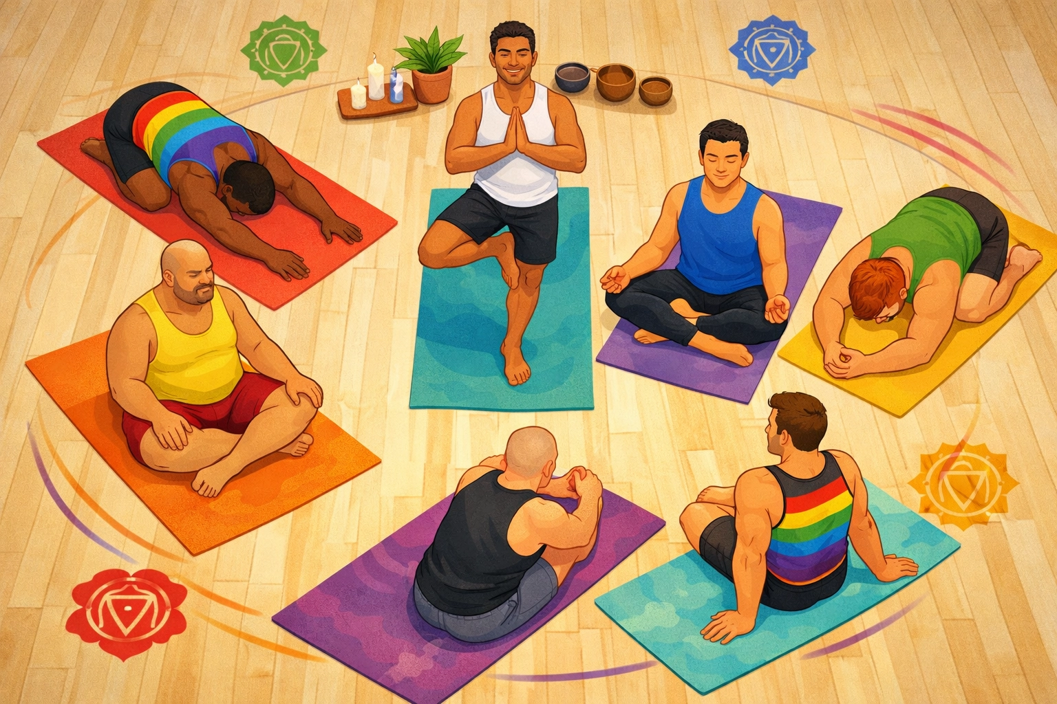 Diverse LGBTQ+ men practicing yoga together in inclusive community class with colorful mats