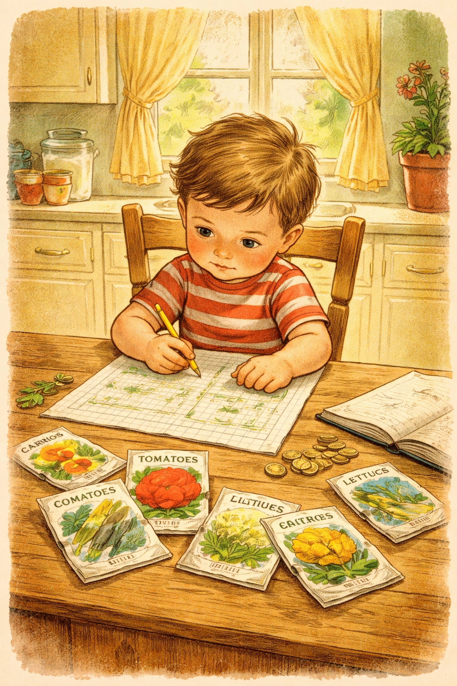 A child sits at a cozy kitchen table, planning a garden with pencil, paper, seed packets, and coins for budgeting practice.