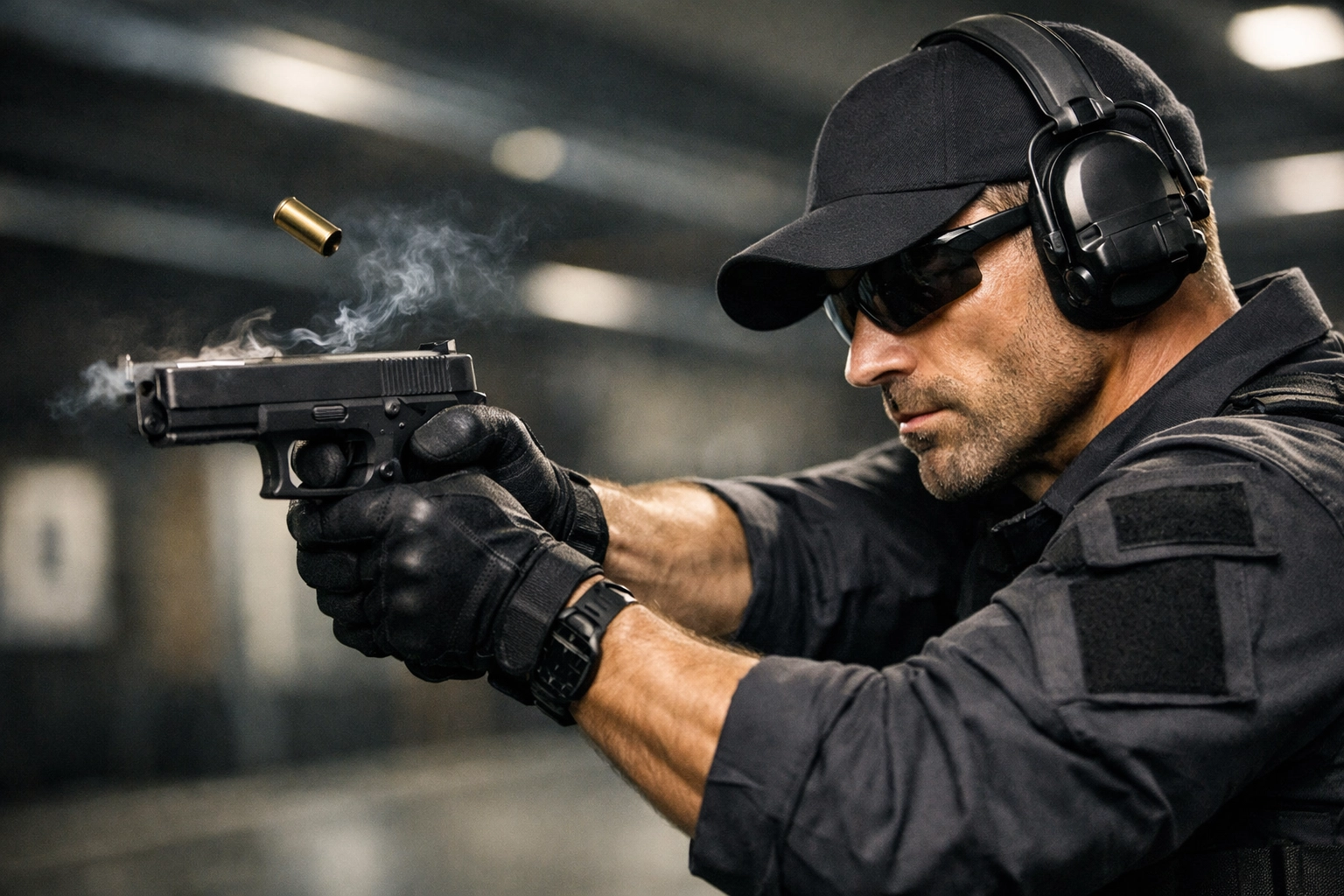 Elite private security medellin operative practicing tactical firearm shooting at a professional training range.