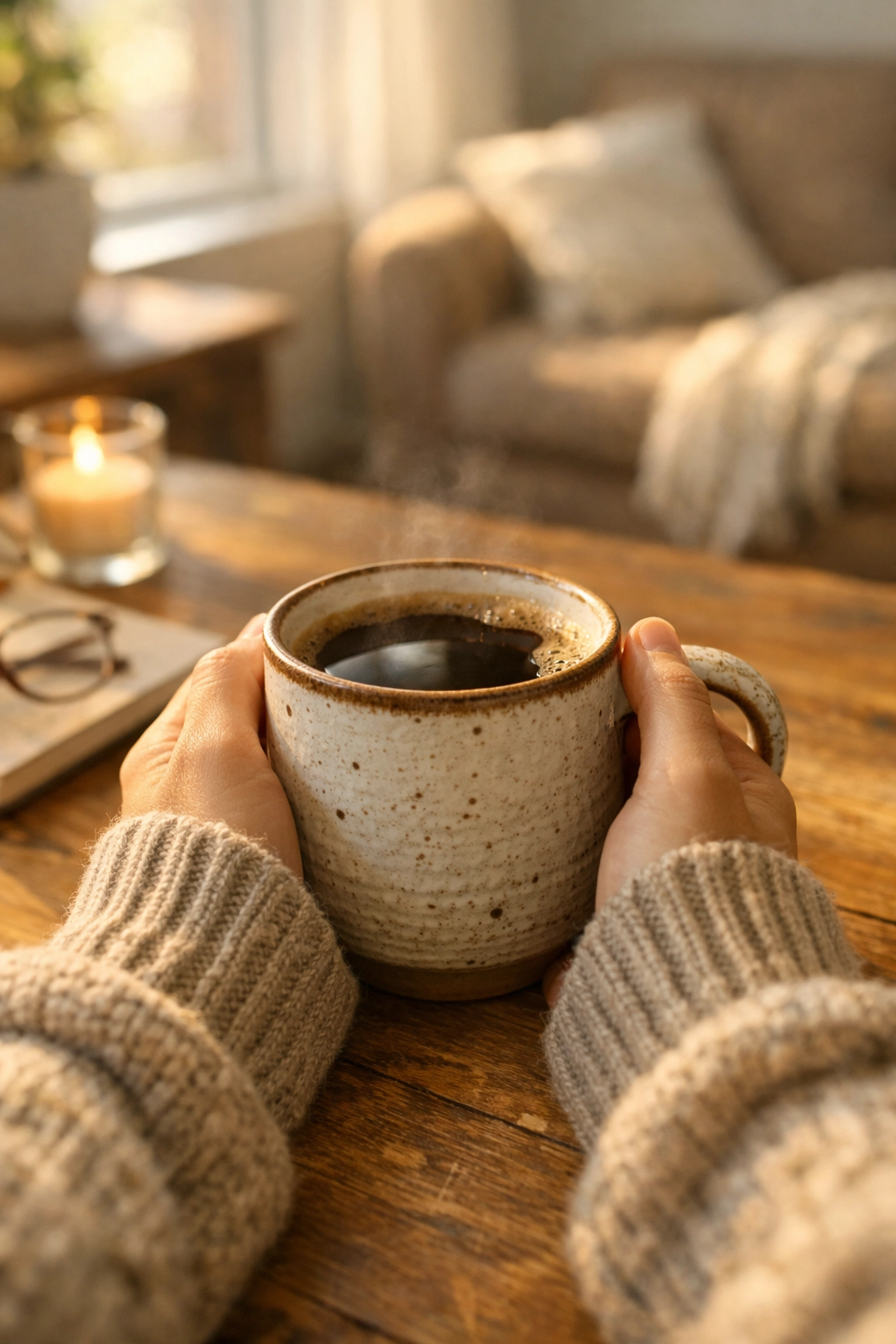 Hands holding a warm ceramic mug of home-brewed single origin coffee in a cozy, sunlit living room.