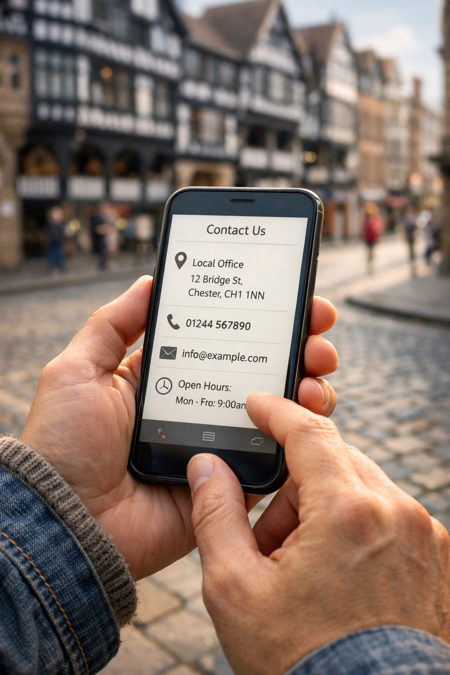 A user in Chester searching on a smartphone for a web design agency with local SEO services.