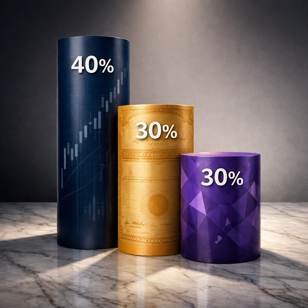 Visual representation of 40/30/30 portfolio allocation with equities, bonds, and alternative investments