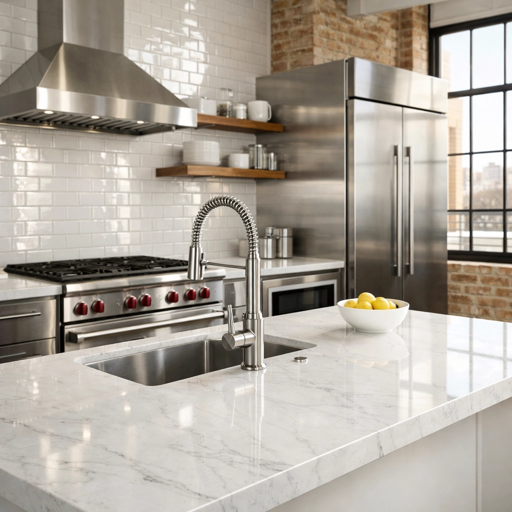 A deep-cleaned kitchen in a Detroit loft featuring spotless stainless steel appliances and white marble counters.
