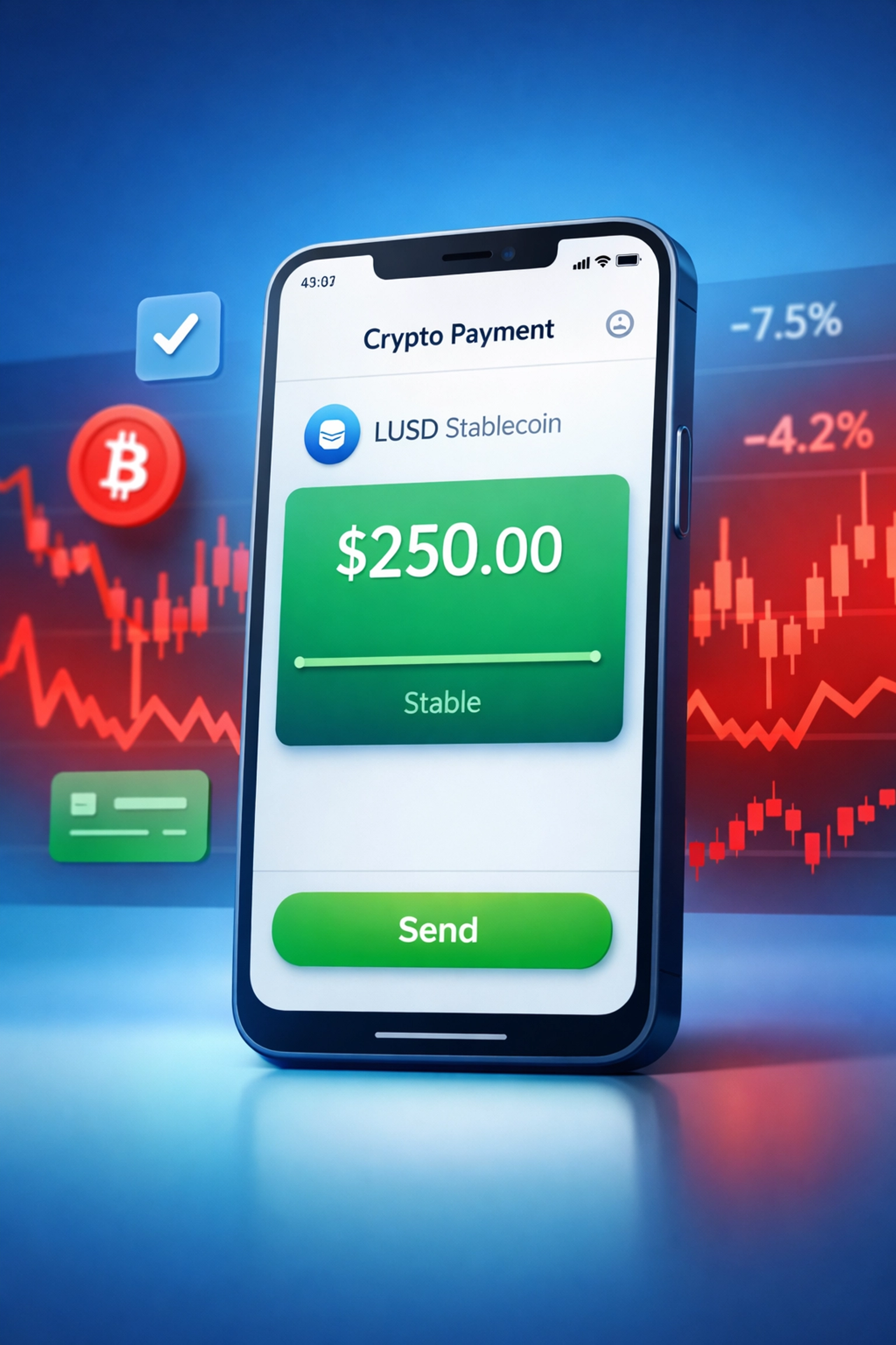 LUSD stablecoin payment interface showing price stability compared to volatile cryptocurrency