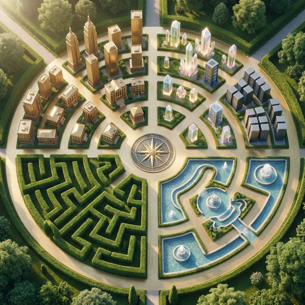 Aerial view of a garden maze representing a diversified alternative investment portfolio