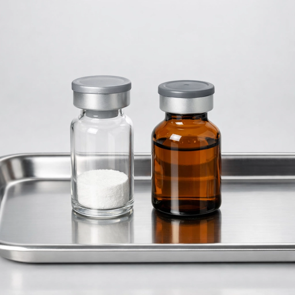 A vial of lyophilized peptide powder next to sterile water on a medical research tray.