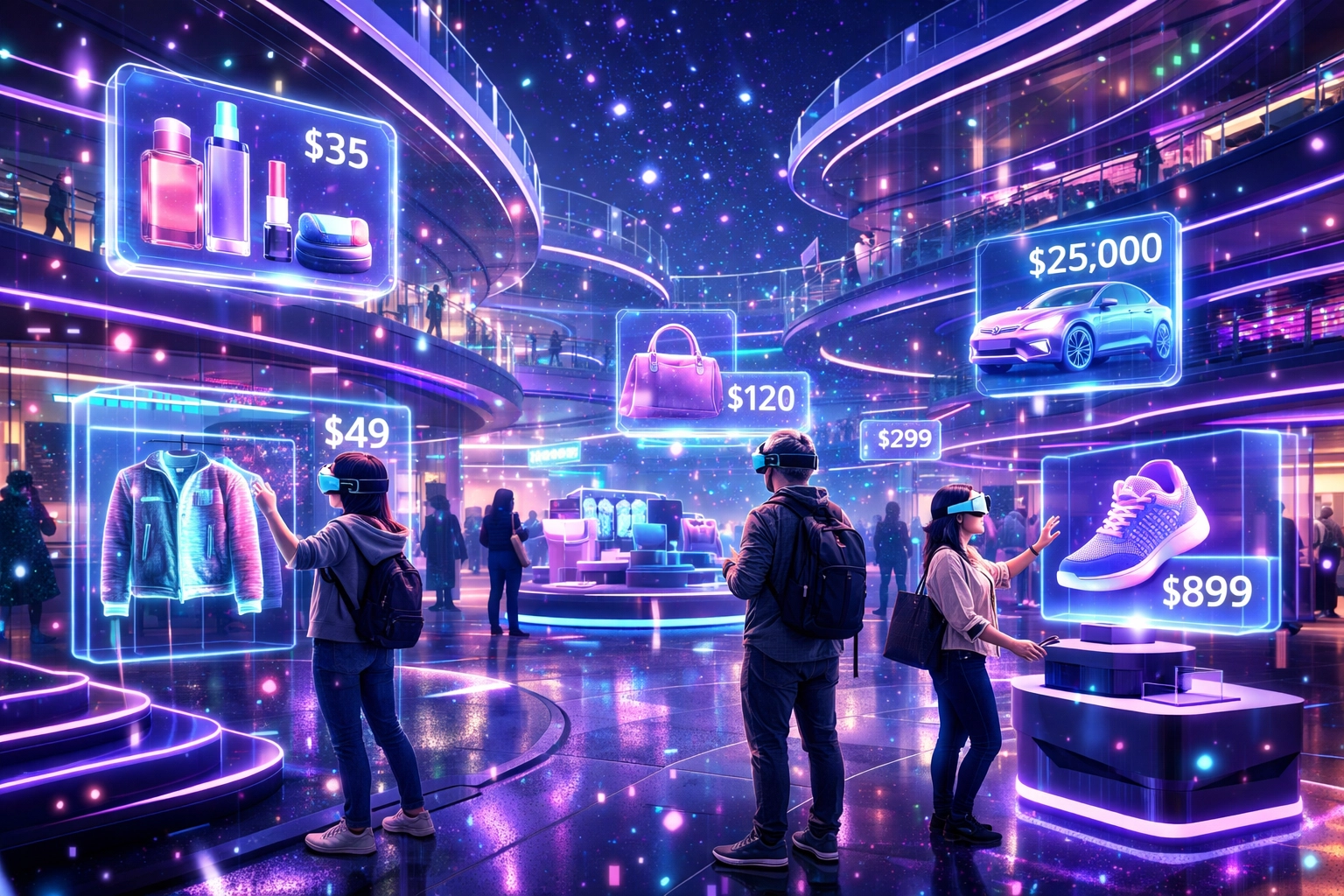 Futuristic metaverse shopping mall with VR shoppers browsing holographic products in virtual store