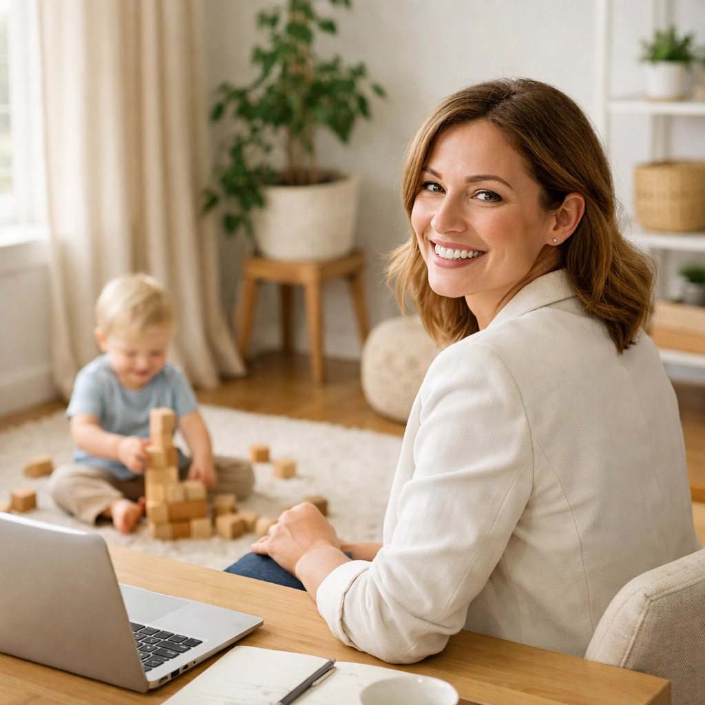 A woman working in a sun-filled home office while her toddler plays nearby, representing flexible career options.