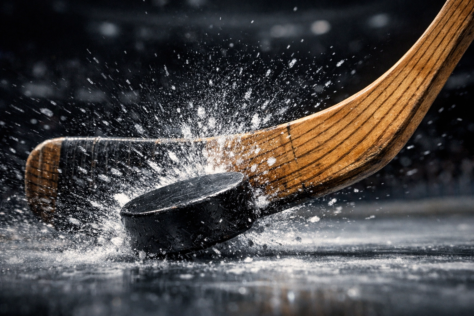 Close-up of a powerful 118 MPH slapshot impact using a vintage wooden hockey stick and puck.