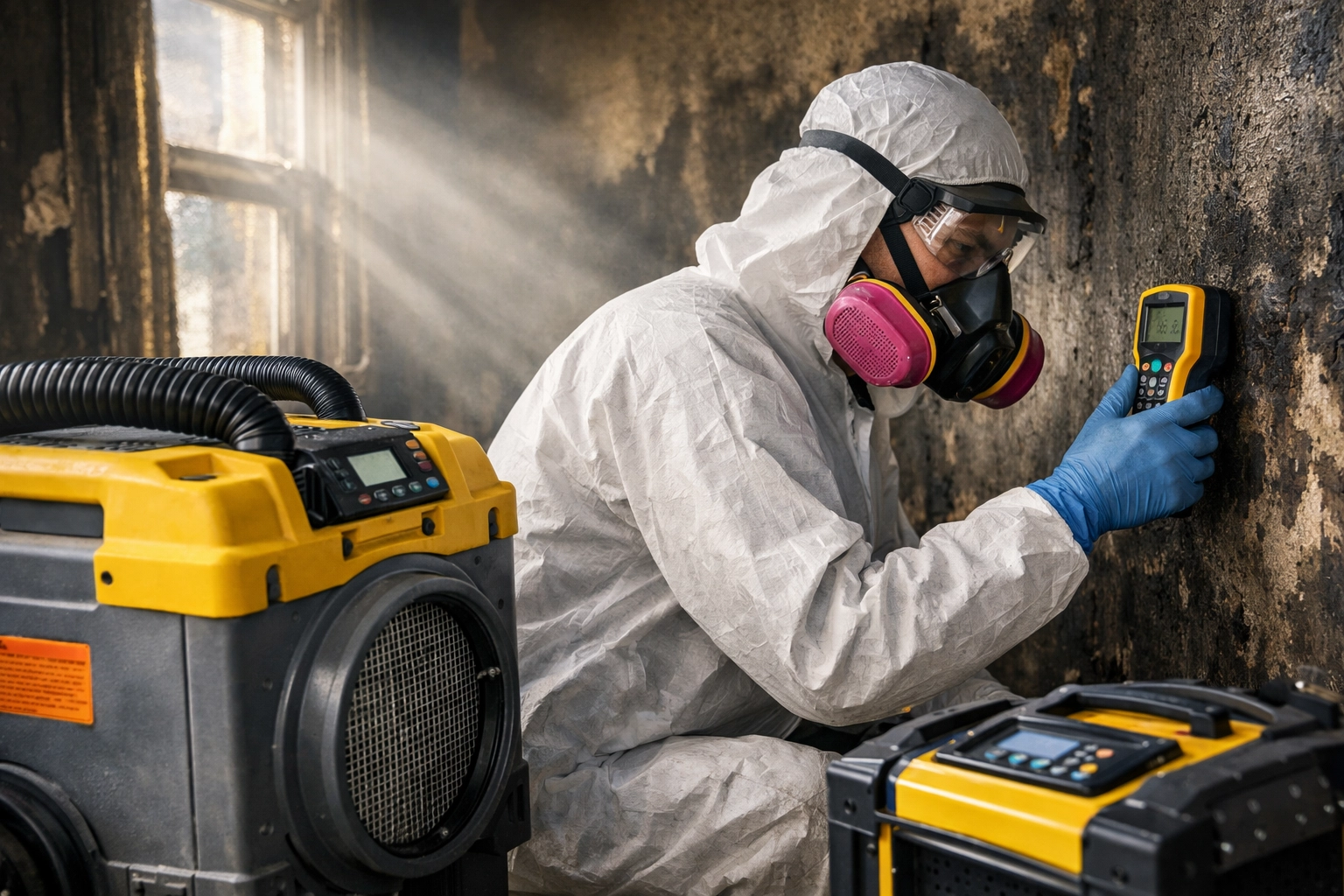 Professional fire damage restoration technician using specialized equipment in Montgomery County