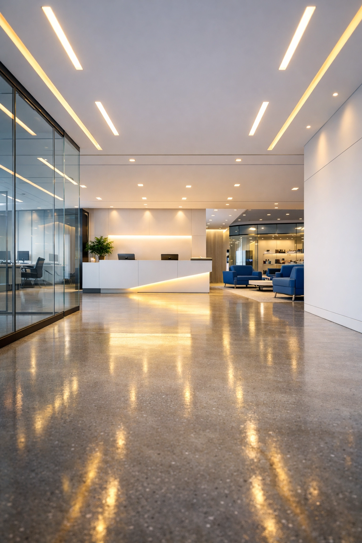 Janitorial excellence in a modern technology hub lobby with clean white walls and polished floors.