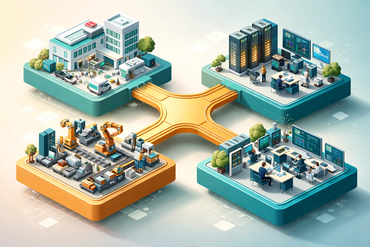 Illustration of diverse industry sectors like healthcare, technology, and manufacturing for PE diversification