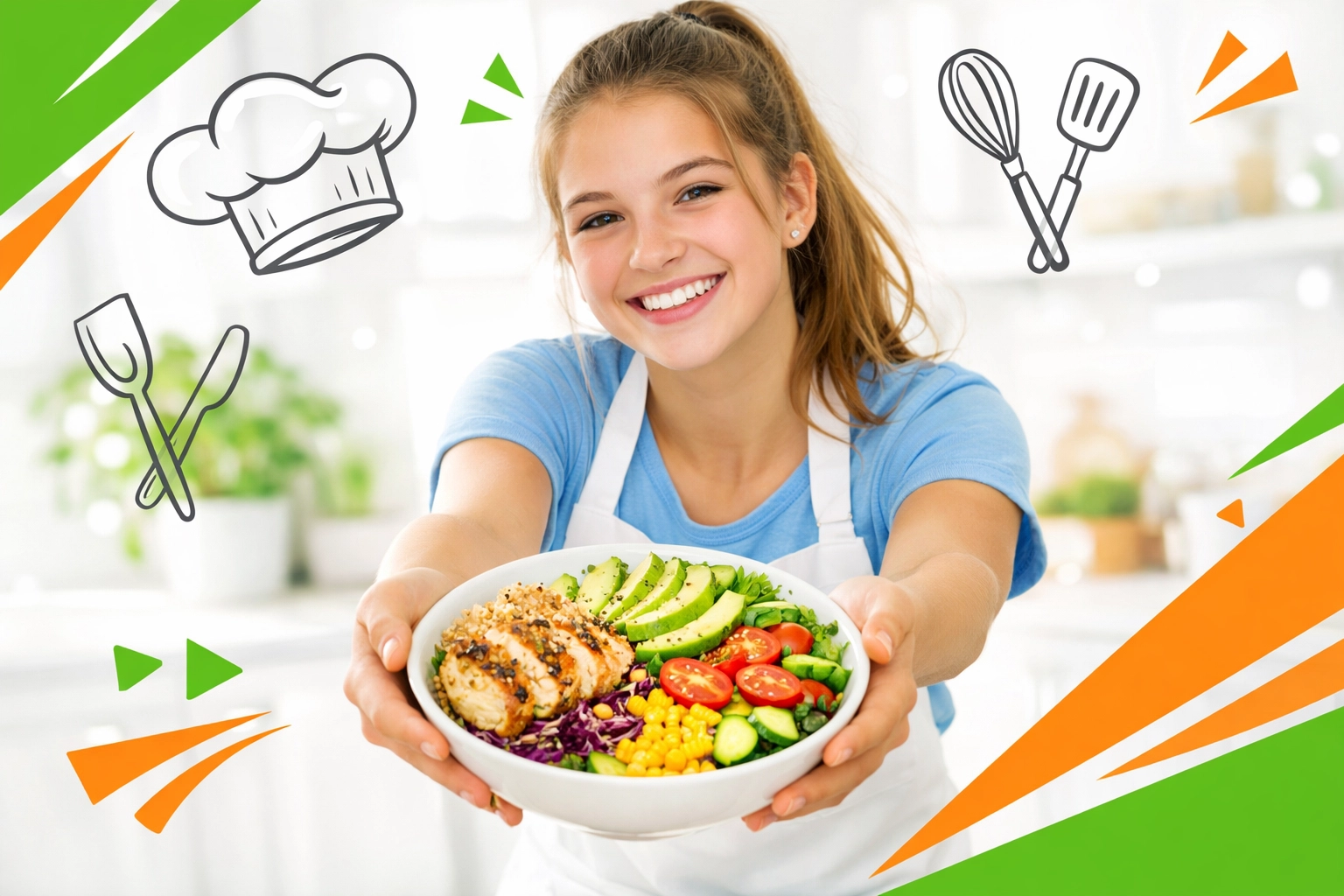 Teenage girl proudly presenting a healthy meal in a kitchen, showcasing practical life skills and independence.