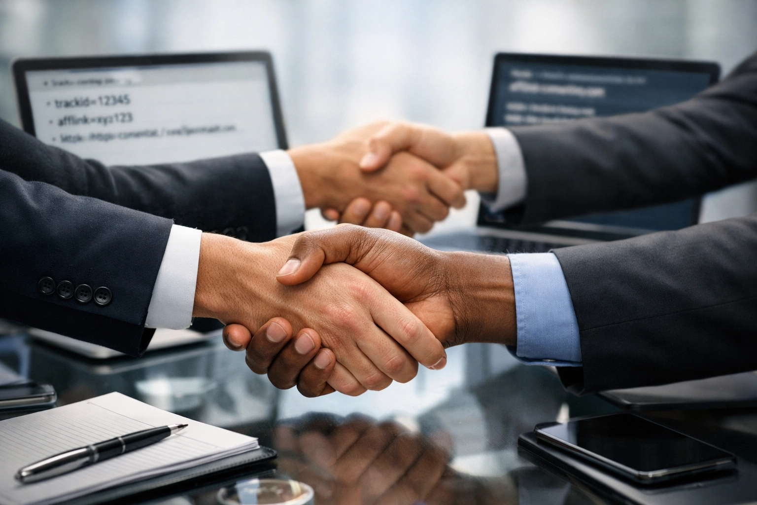 Business partners shaking hands for sports betting affiliate marketing partnership agreement