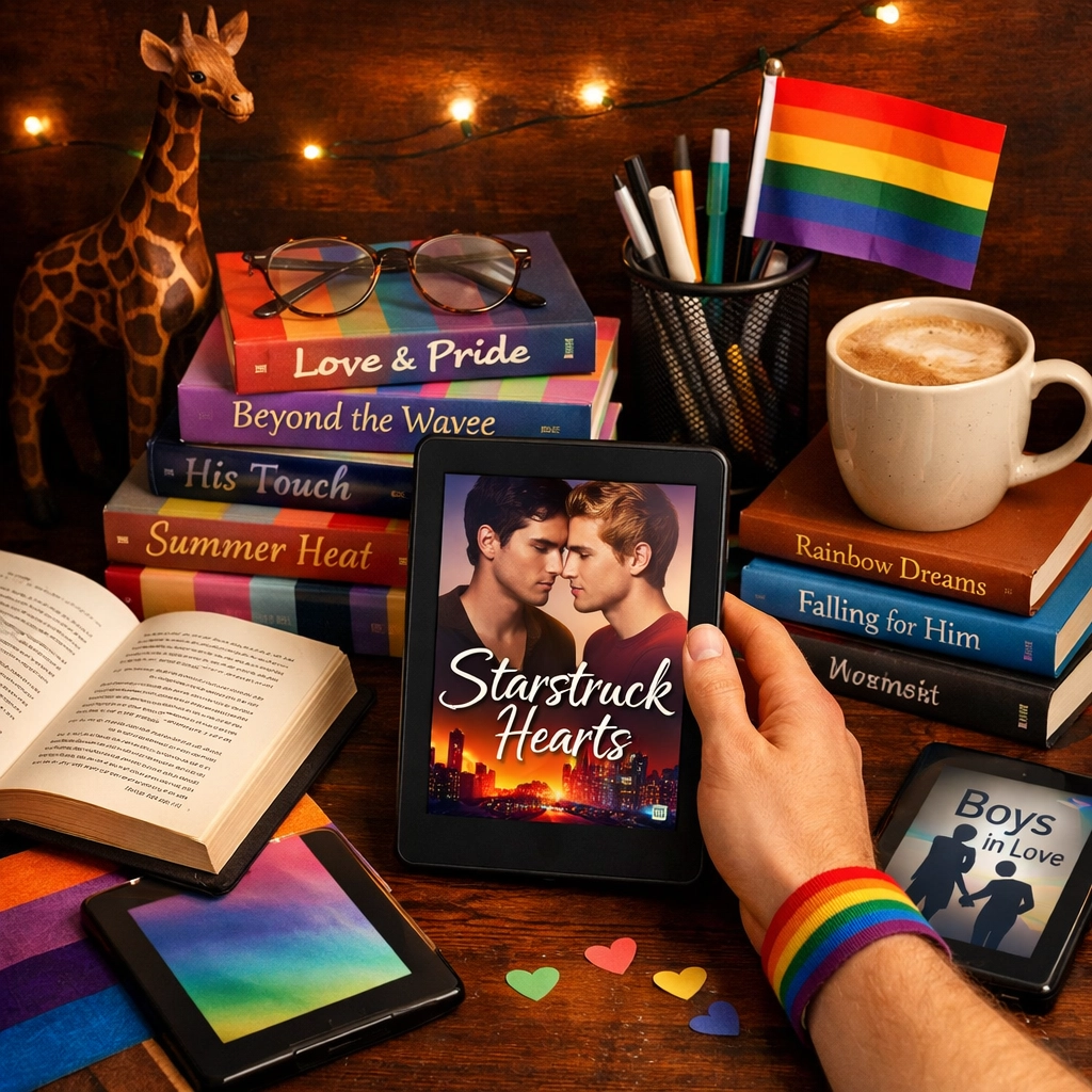 A collection of MM romance books and e-readers on a desk featuring a pride flag and giraffe figurine.