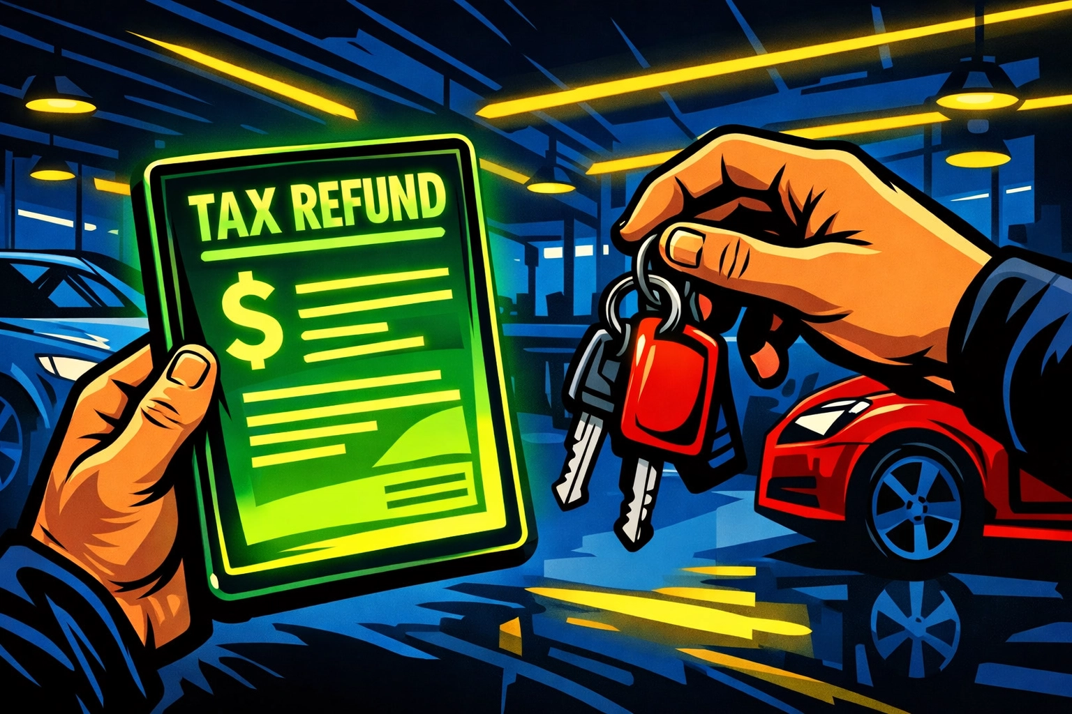 Person holding a tax refund and car keys at an Arnold car dealership during tax season.