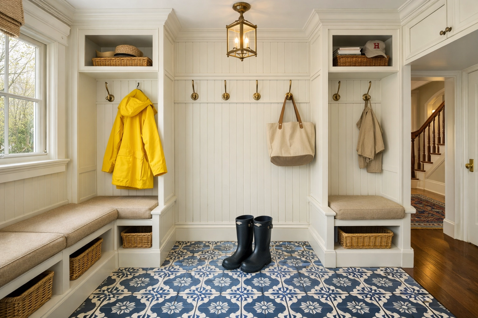 Spotless and organized mudroom in a Harvard home, showcasing professional house cleaning services results.