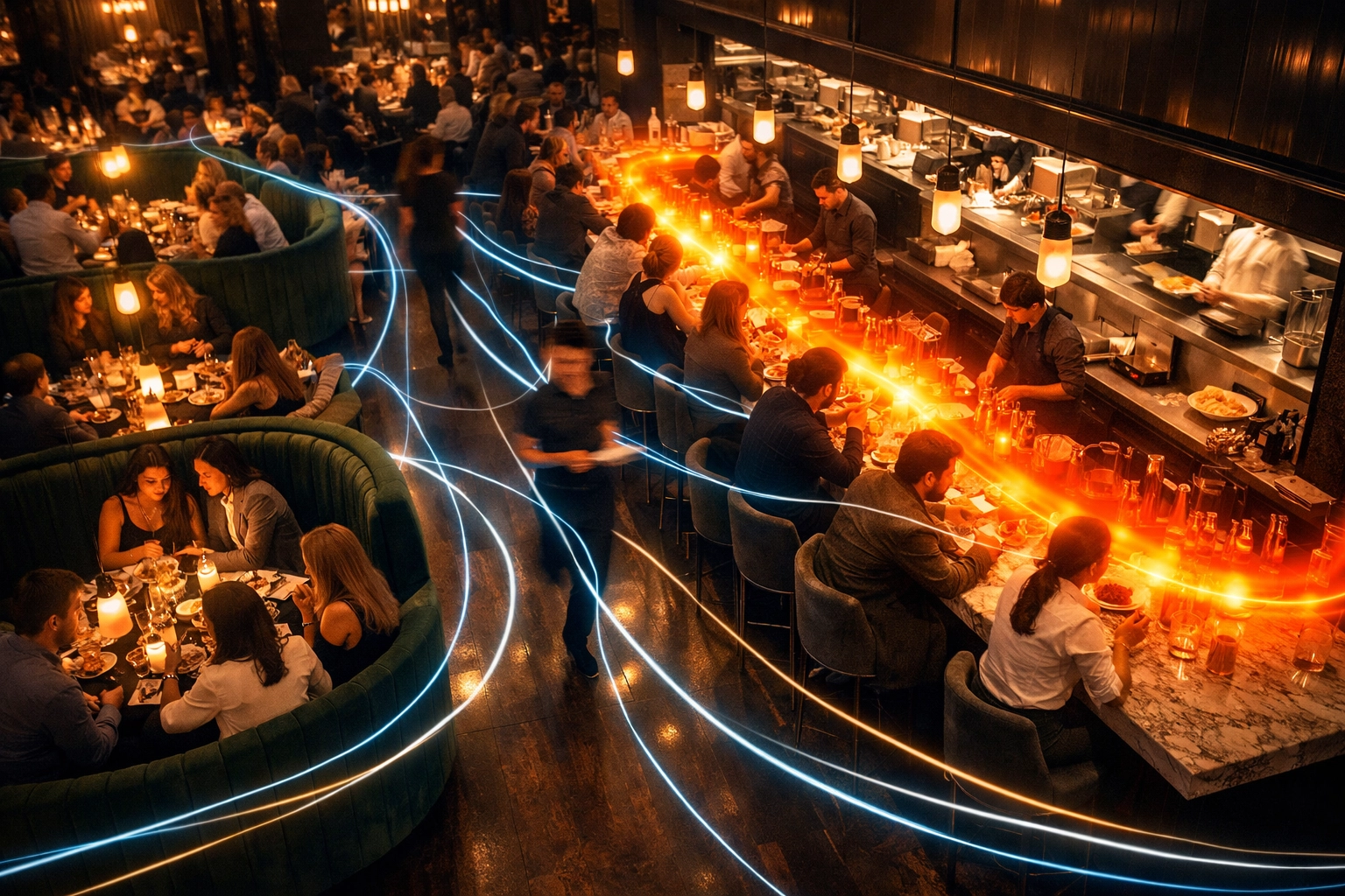 Digital heat-map overlay on a busy restaurant interior showing video analytics data for operations.