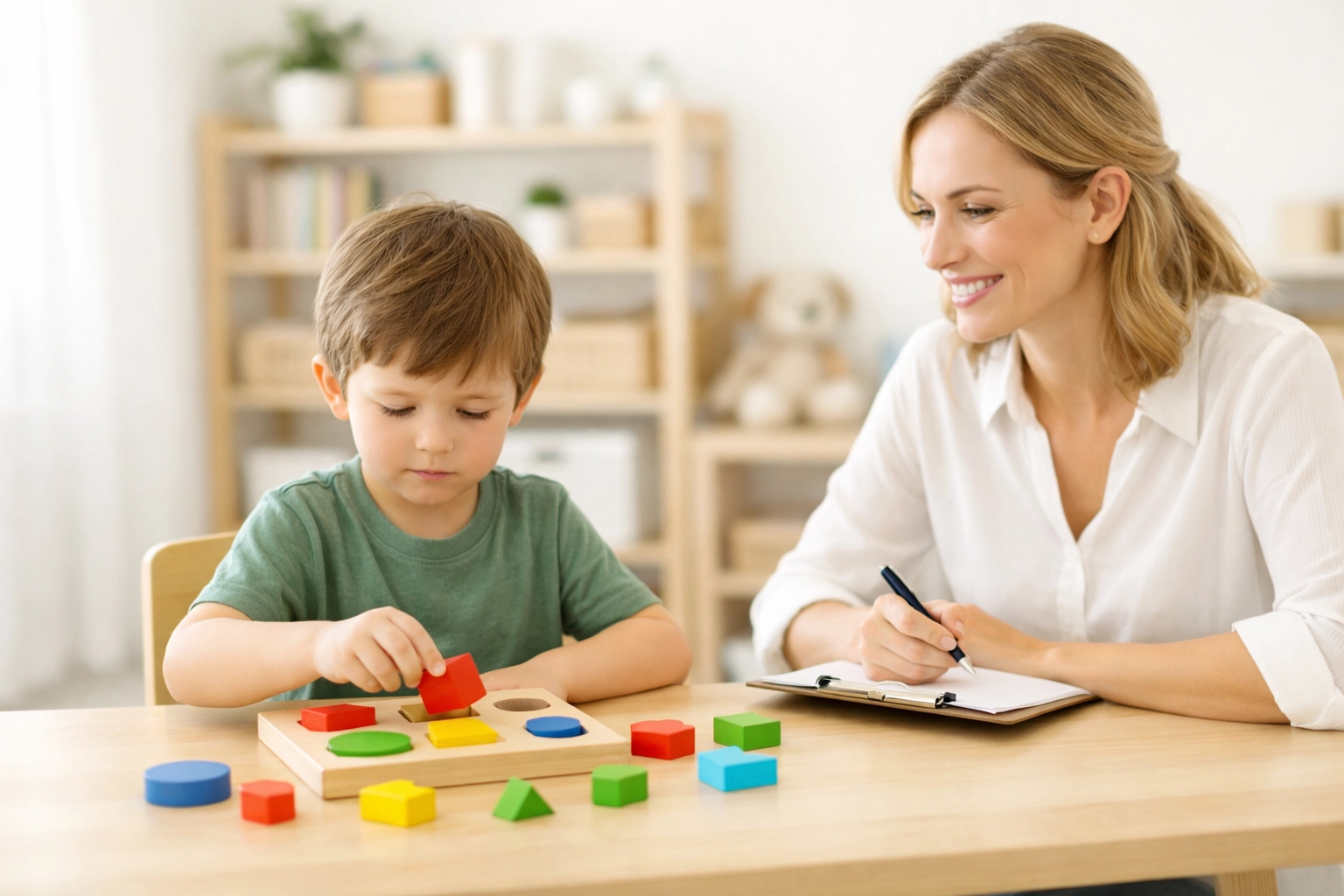 Child and therapist in a structured clinic setting for traditional ABA therapy in Peachtree City.