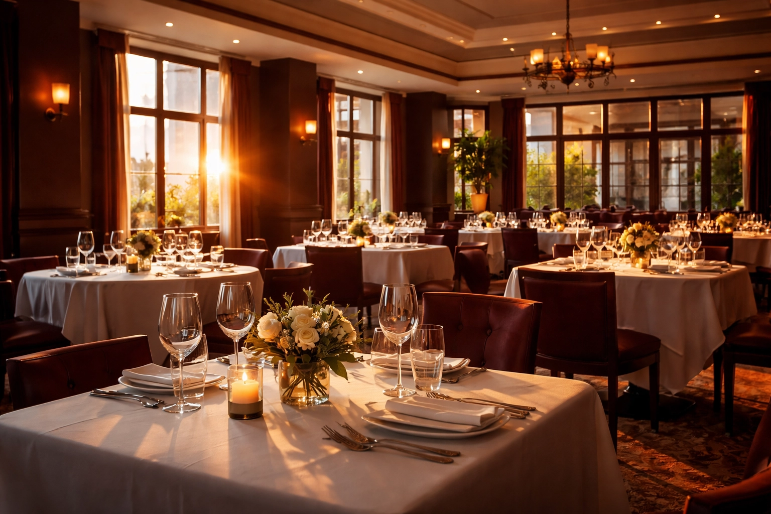 Elegant upscale restaurant dining room at sunset, highlighting ambiance and premium hospitality experience