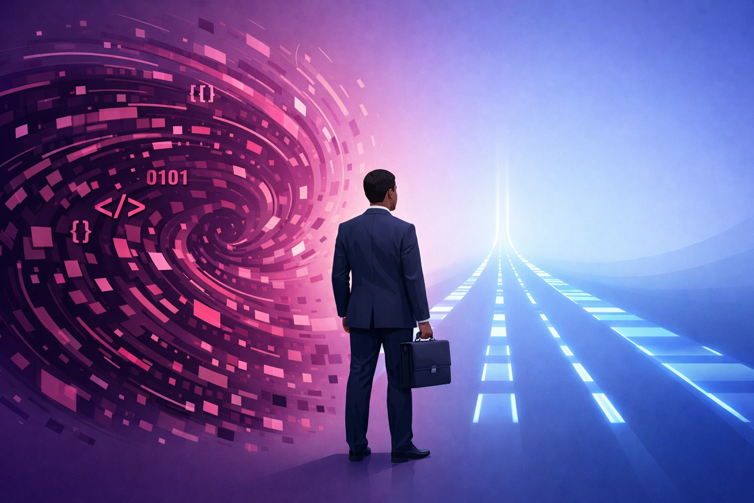 Business professional choosing a structured path over digital chaos for small business AI policy.