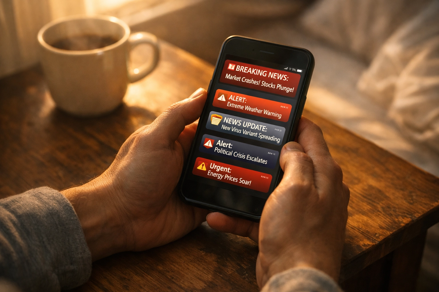 Person checking overwhelming news notifications on smartphone during morning coffee at bedside table