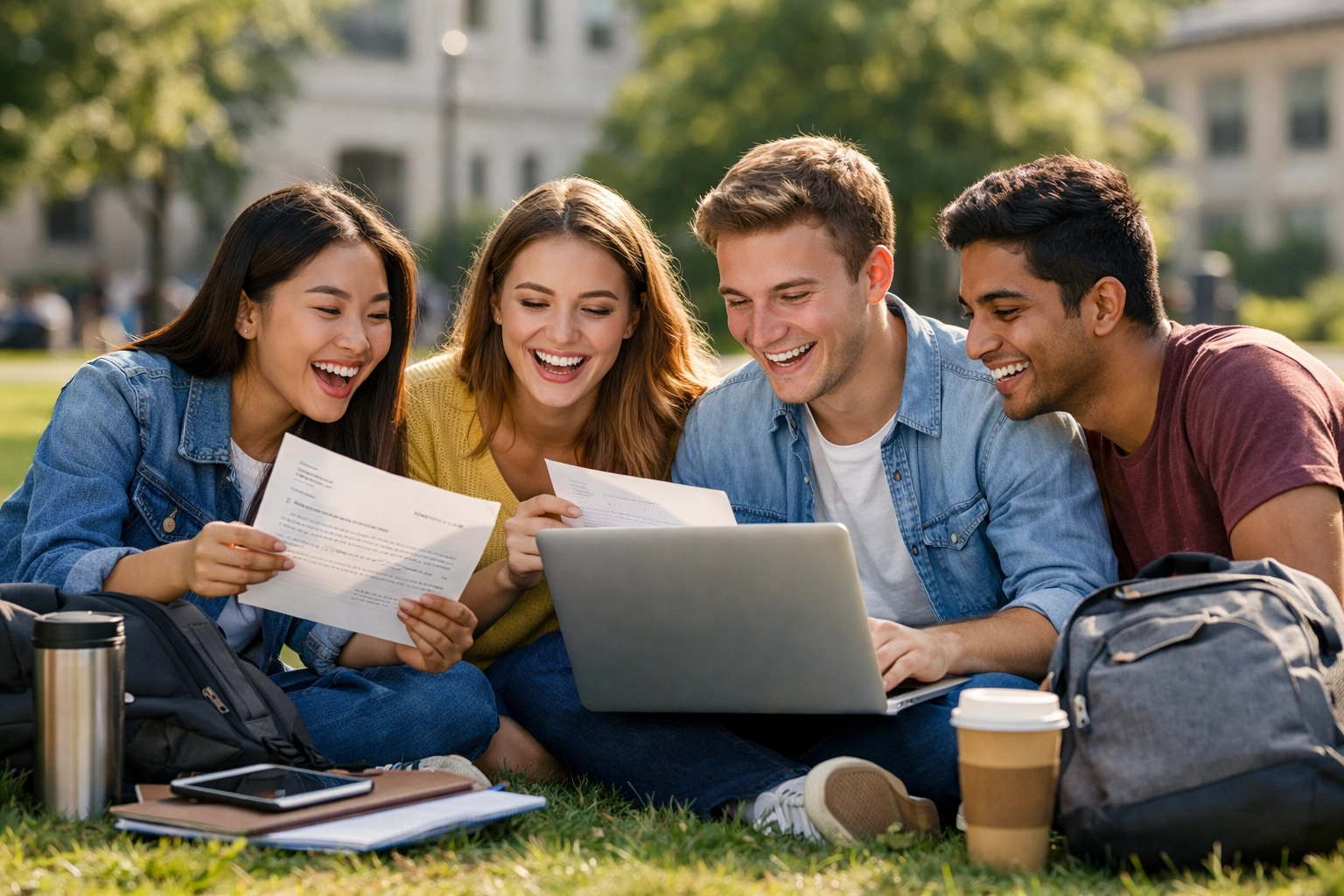 College students researching CLEP credit acceptance policies on campus (1x1, center safe zone)