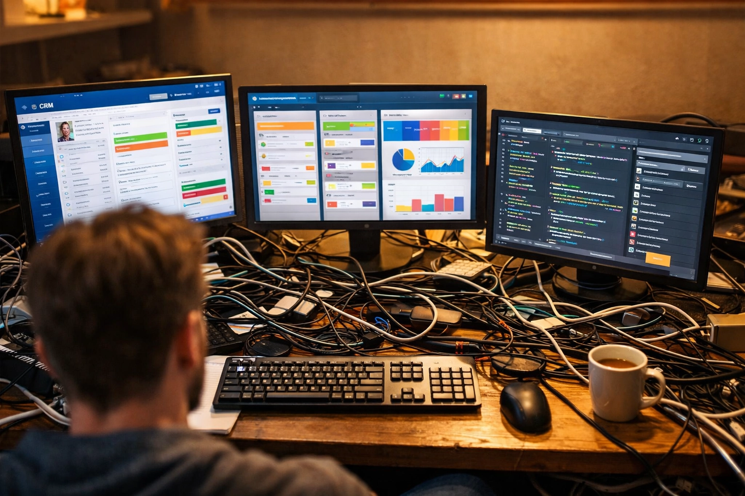Multiple disconnected software dashboards illustrating tool fatigue in service businesses