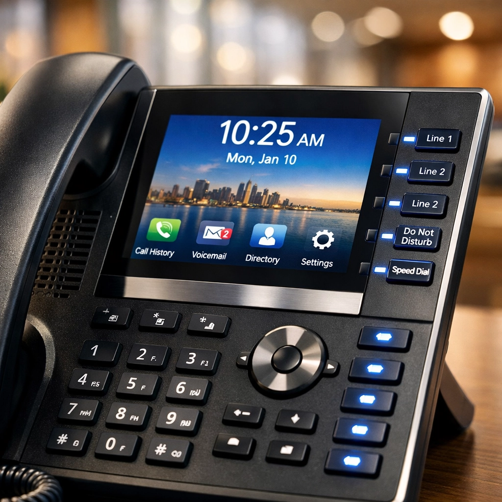 A sleek modern IP phone with a color display on a professional desk for a Canadian small business.