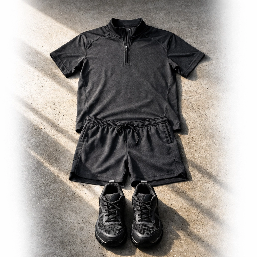 Tactical fitness gear for first responders laid out in fire station bay