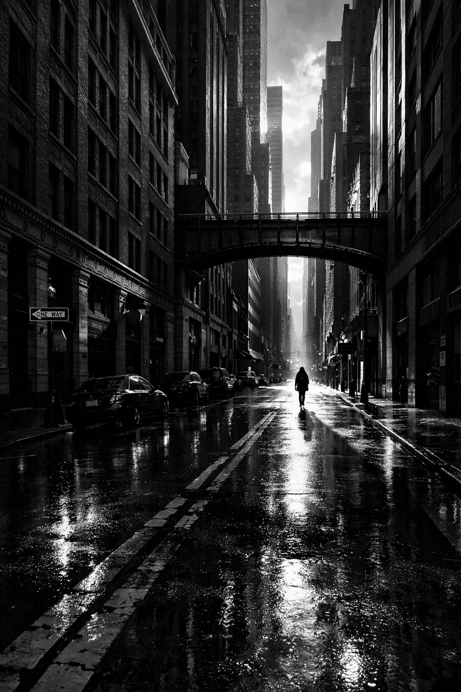 Black and white urban street photography showing leading lines and shadows from advanced photography tutorials.