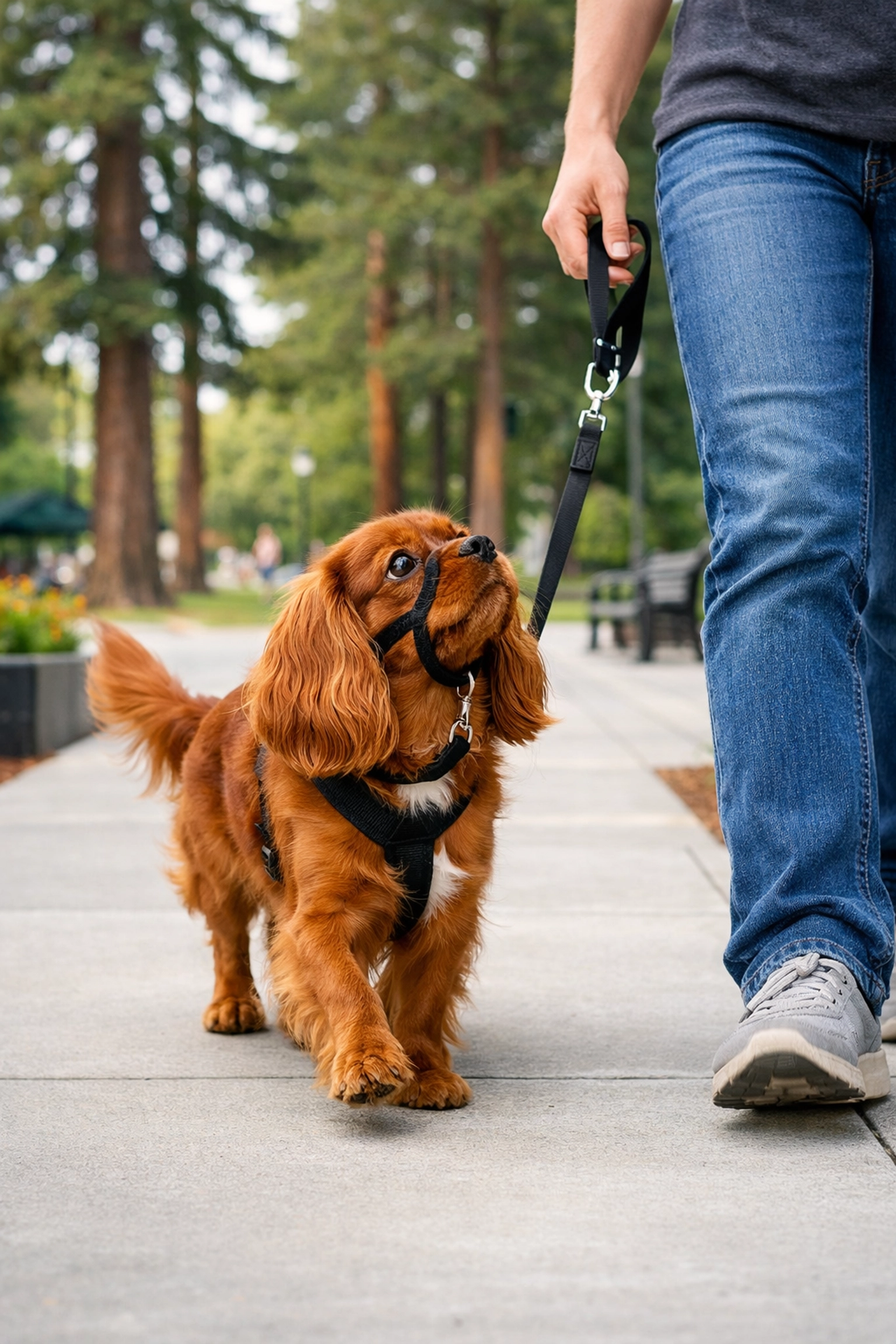 Health-tested Cavalier King Charles Spaniel walking on a leash in a beautiful Portland, Oregon neighborhood.
