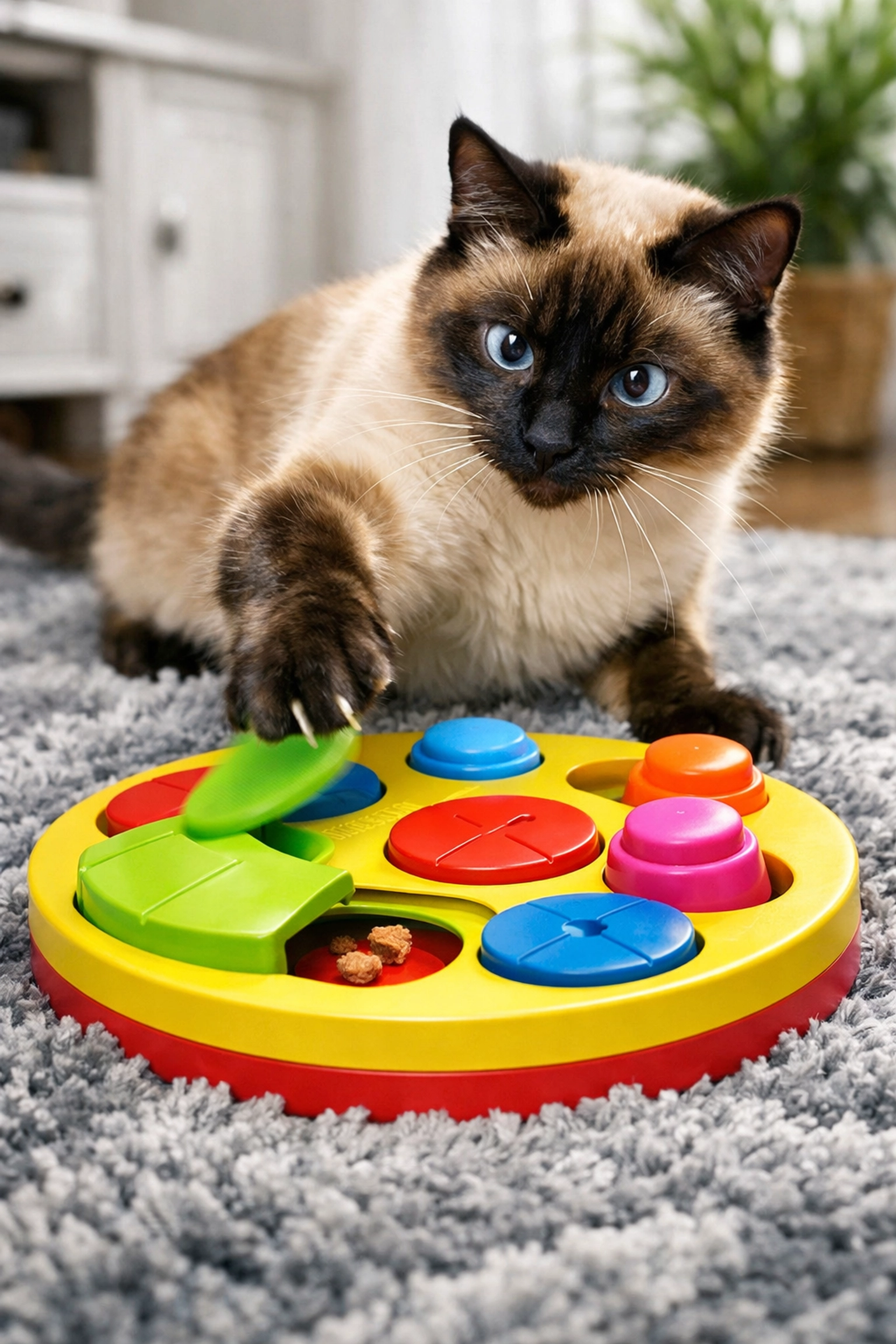 Siamese cat playing with a colorful interactive puzzle feeder toy for mealtime enrichment.