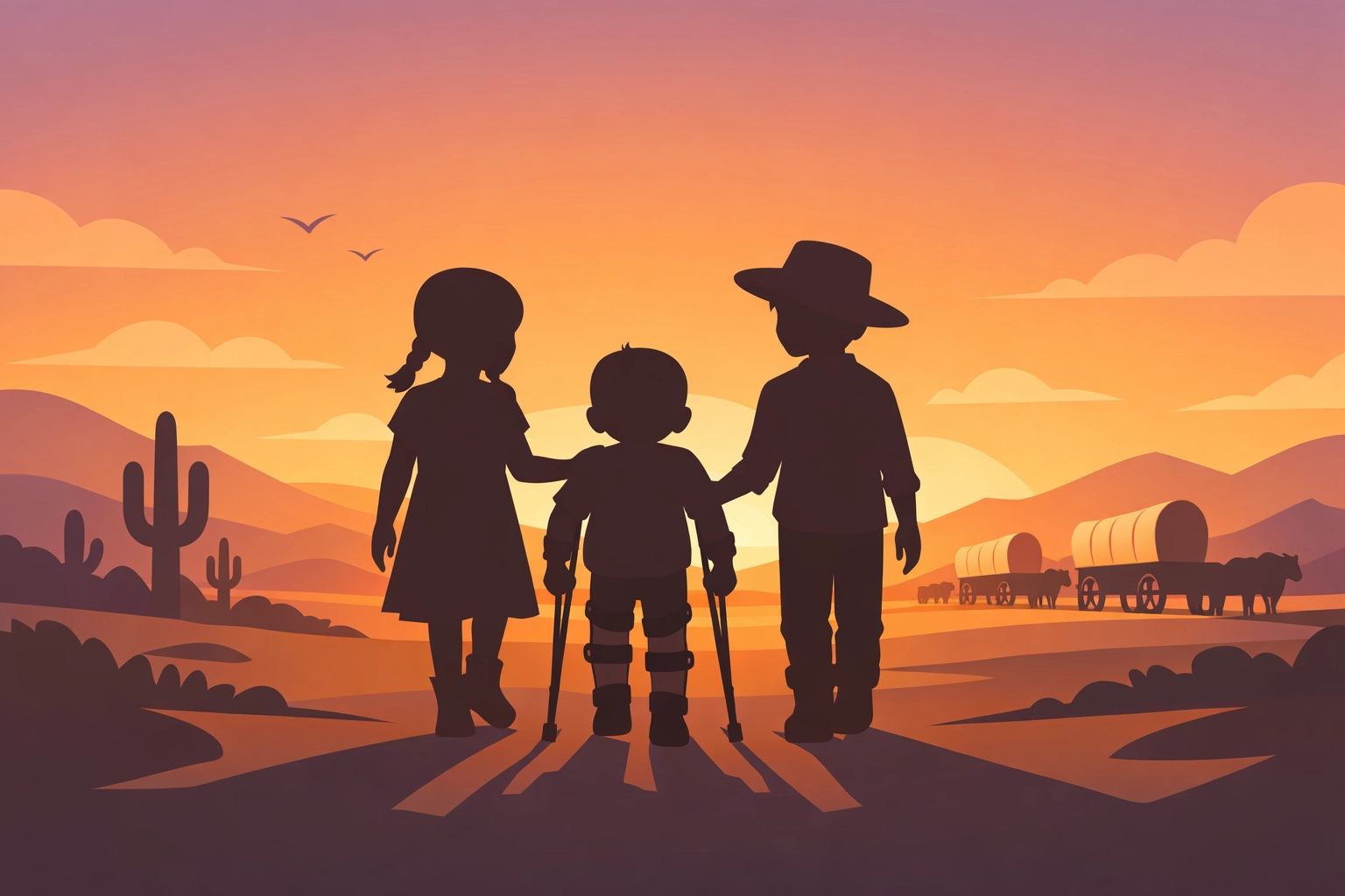 Three children walking together on American frontier in Buffalo Kids animated film showing inclusion and friendship