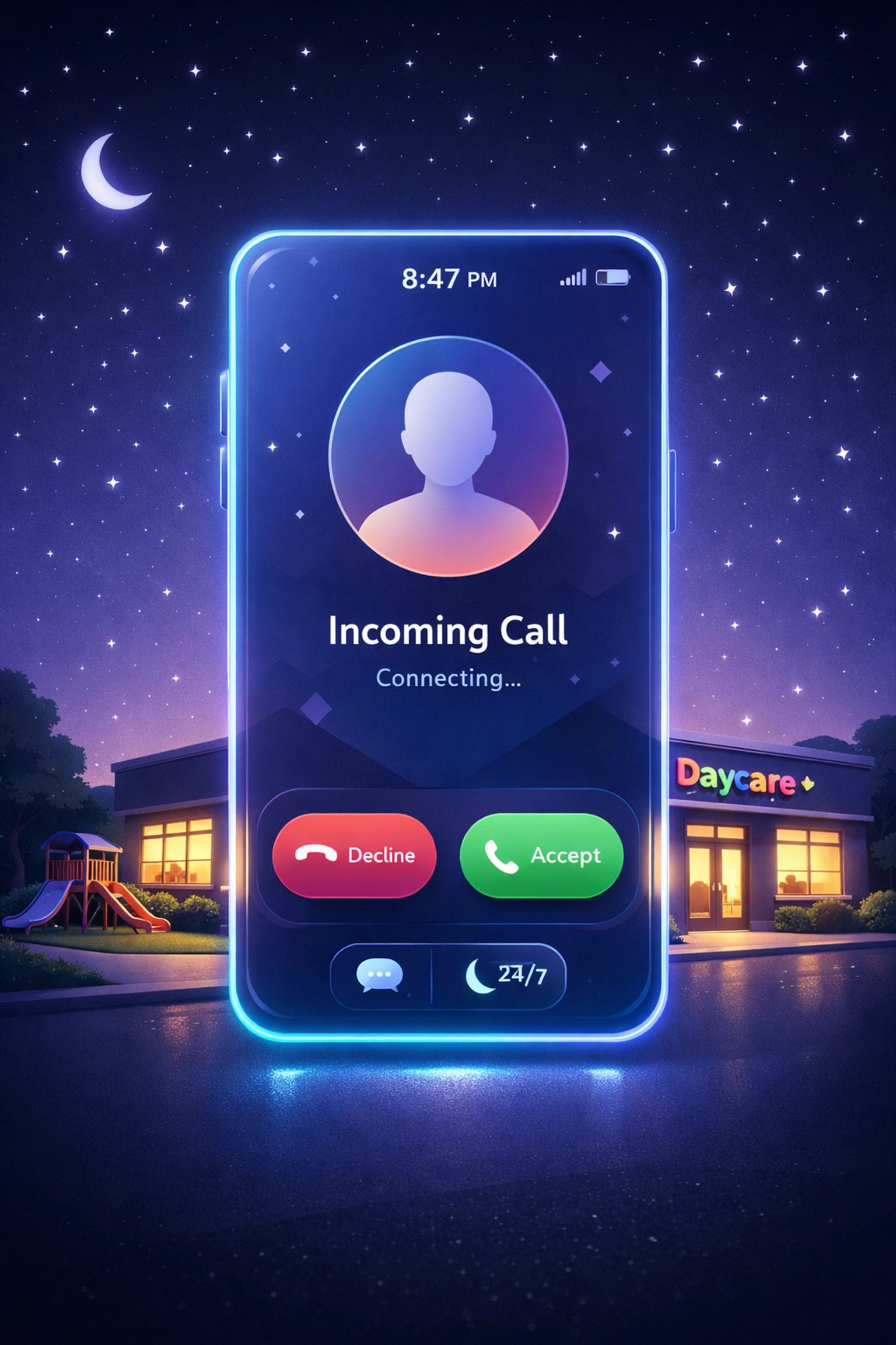Daycare center with 24/7 AI answering service handling parent calls after hours at night