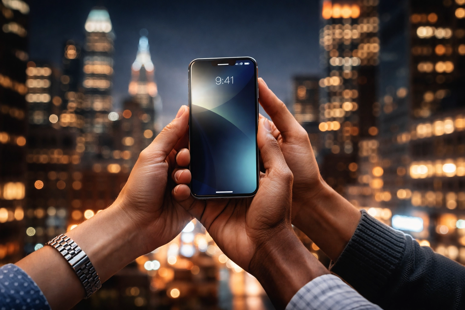 Hands holding a newly repaired iPhone with city lights reflected, illustrating fast mobile phone repair in NYC.