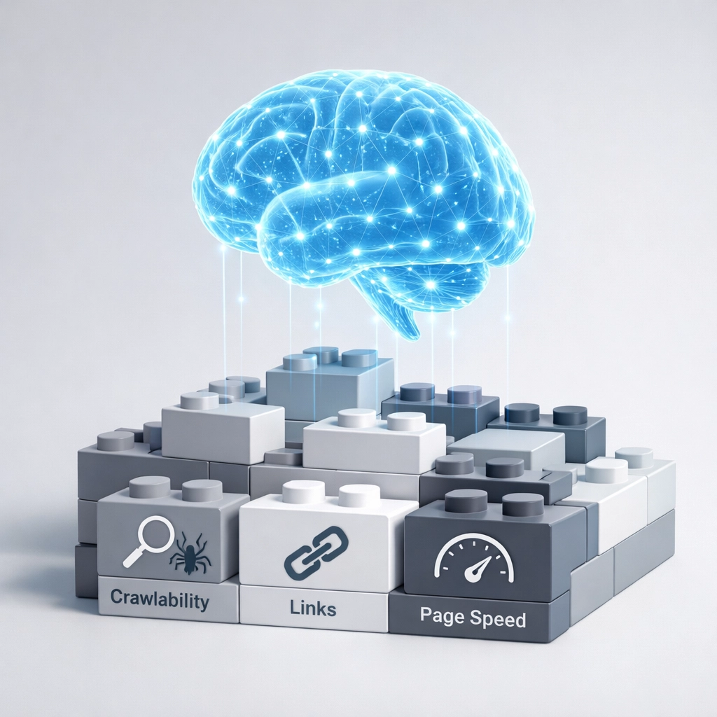 AI search built on traditional SEO foundation showing crawlability, links, and page speed fundamentals