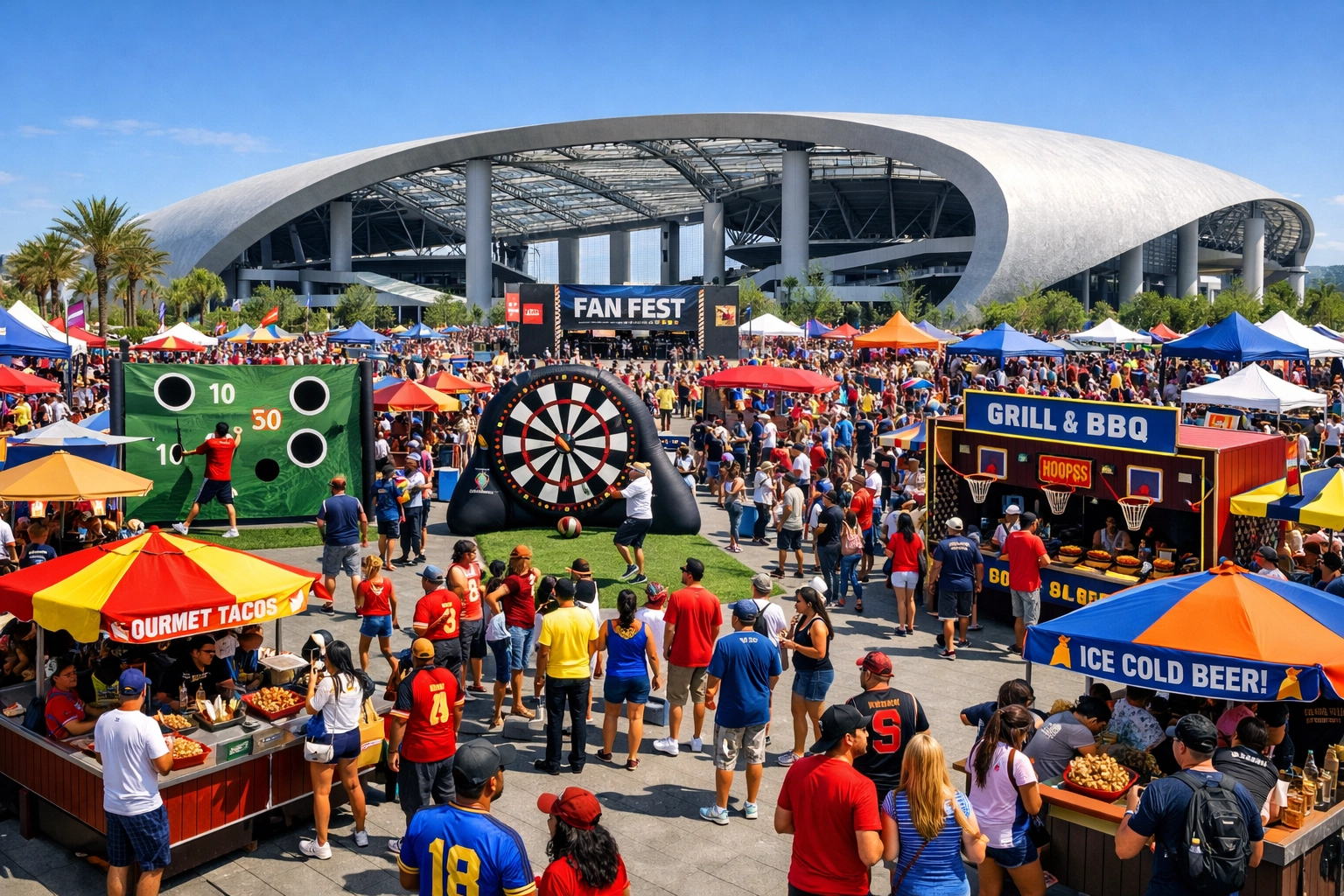 Vibrant fan festival outside a sports stadium featuring brand activations and interactive games.