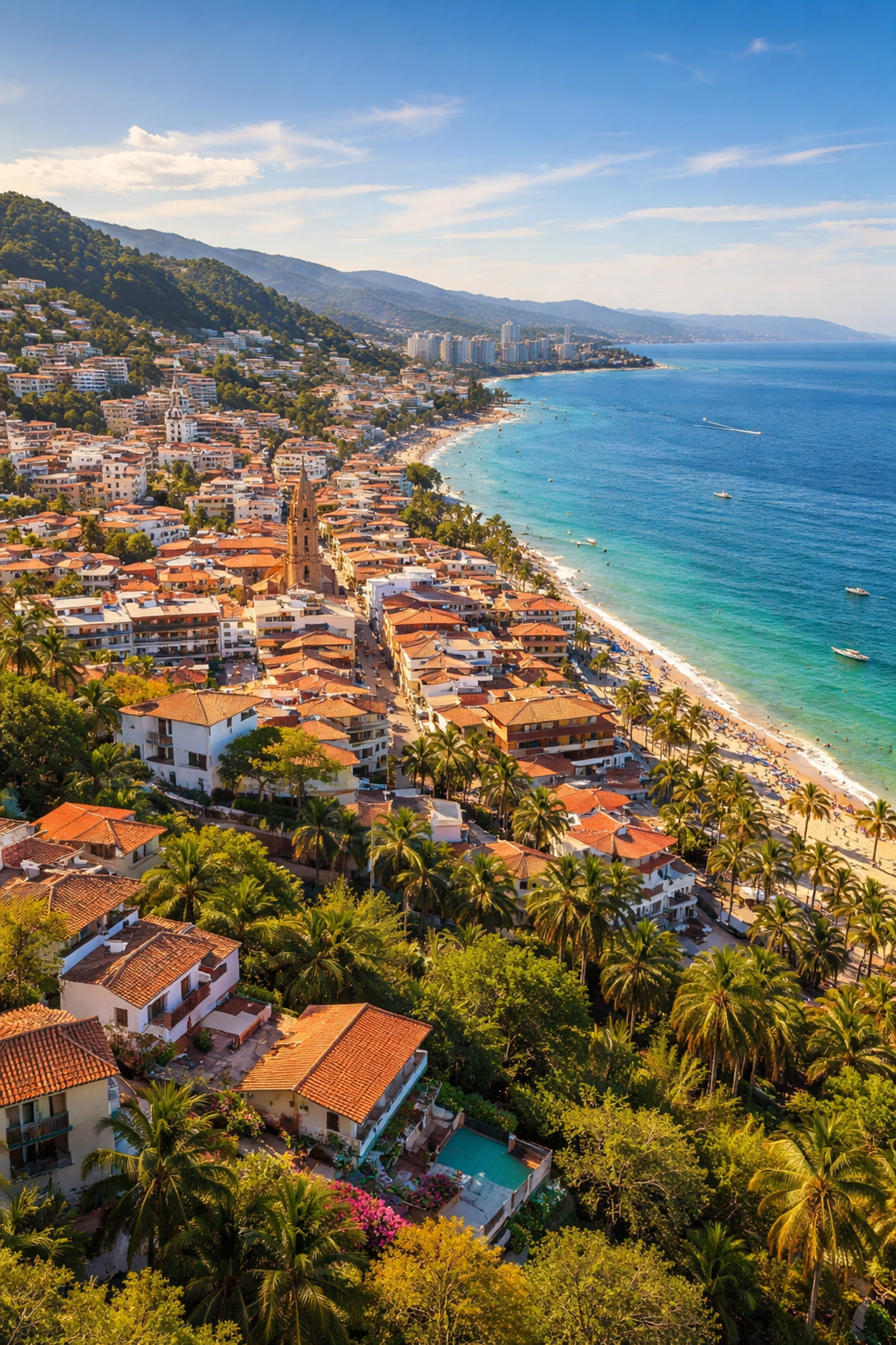 Aerial view of Puerto Vallarta neighborhoods near Old Town and Amapas with lush greenery and ocean coastline.