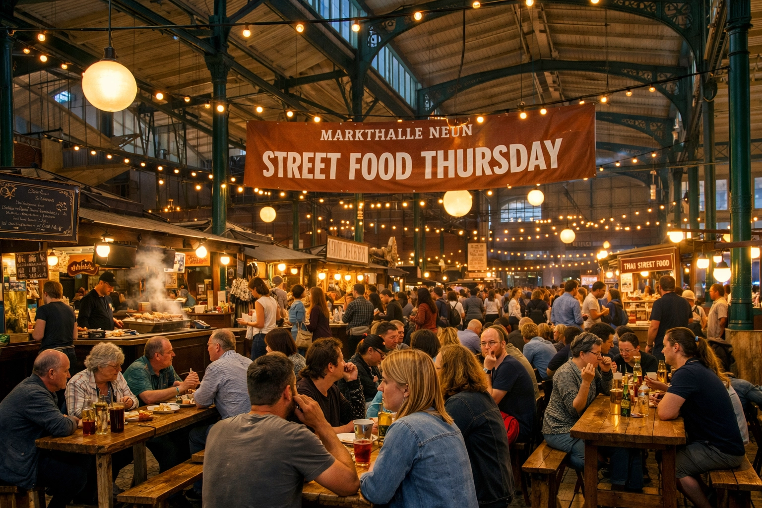 Crowds at Markthalle Neun during Street Food Thursday, highlighting Berlin's vibrant and affordable food scene.