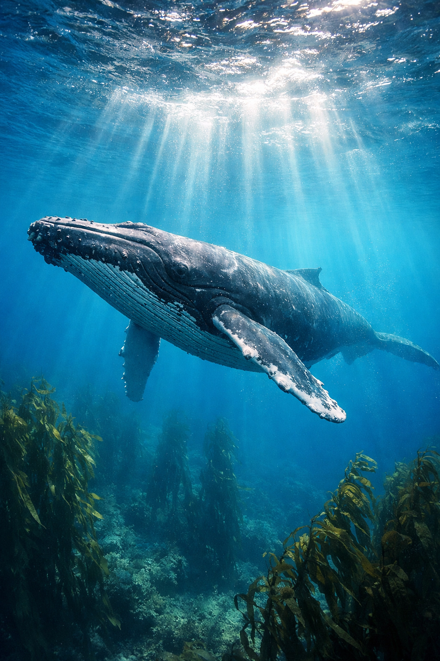 Humpback whale swimming underwater off Oregon coast for marine conservation story