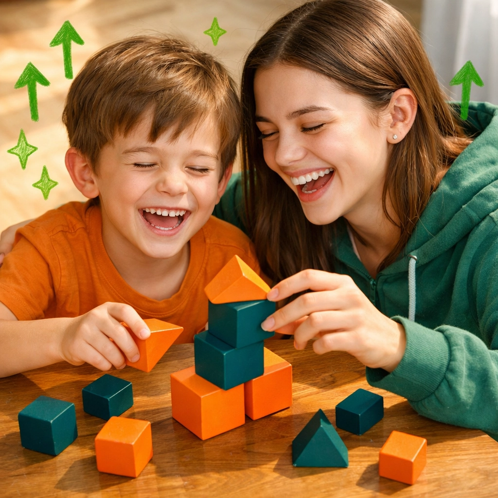 Siblings laughing together while engaging with interactive blocks representing growth and financial literacy.