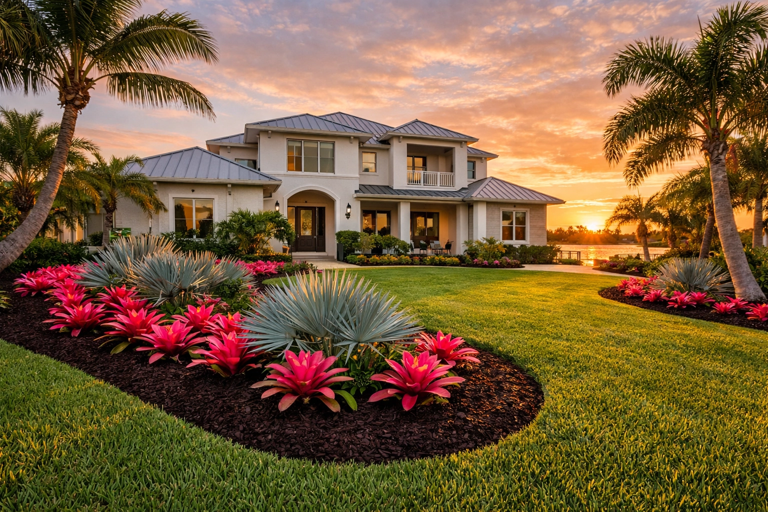 Manicured St. Augustine lawn and tropical landscaping at a luxury Venice, FL home with fresh mulch and sharp edging.