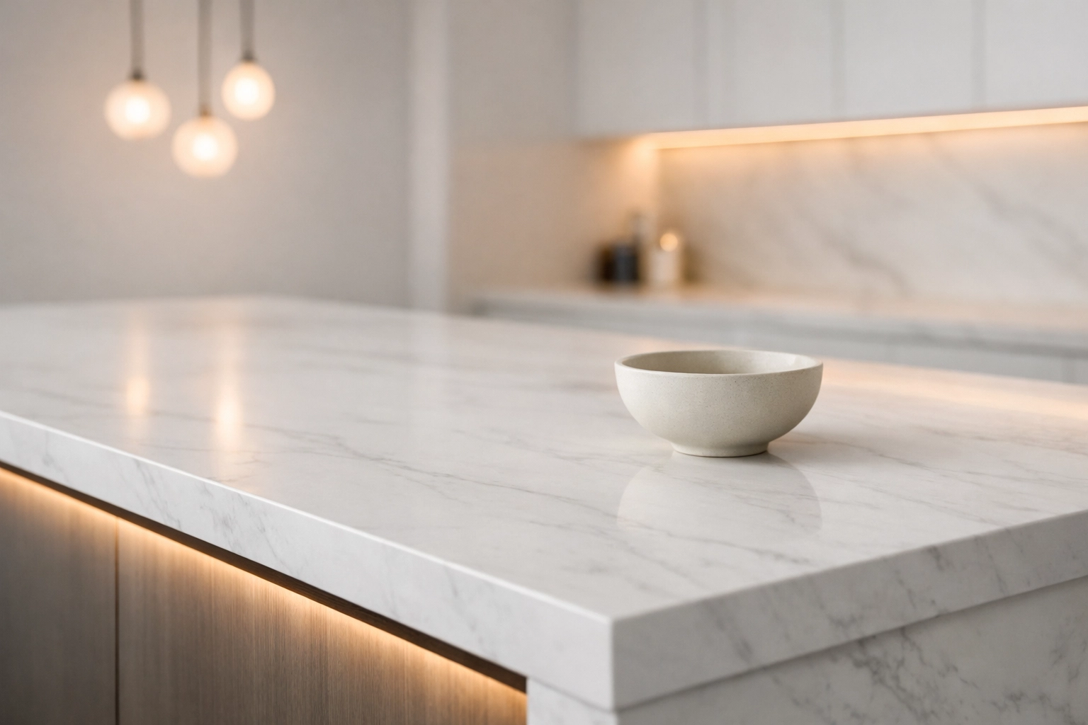Luxury marble kitchen island featuring a hidden induction cooktop and elegant pendant lighting.