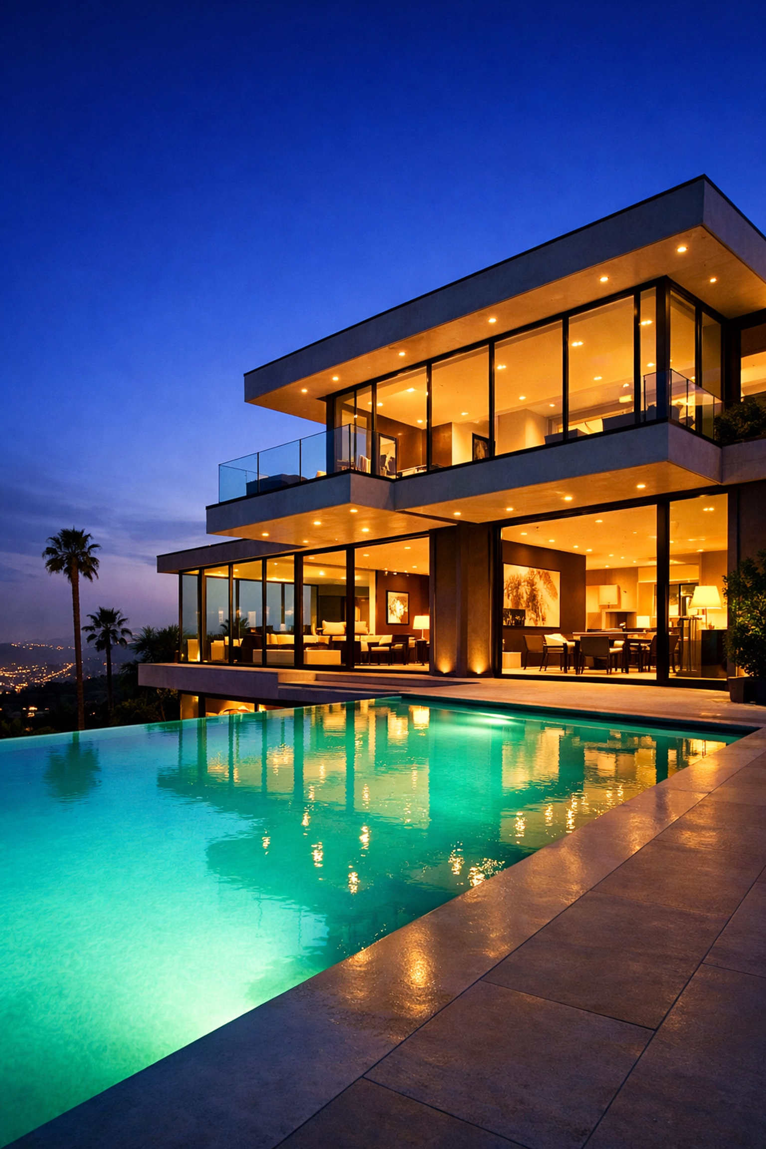 Professional real estate photography of a luxury Hollywood Hills villa with an infinity pool at dusk.