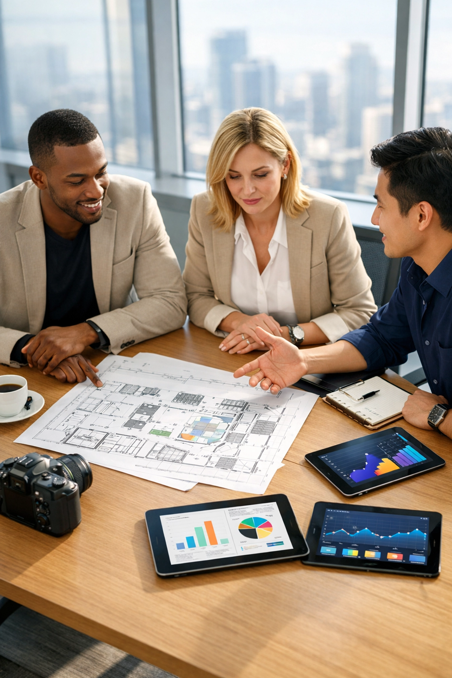 Strategic marketing team analyzing data and blueprints for a Super Bowl level brand storytelling event.