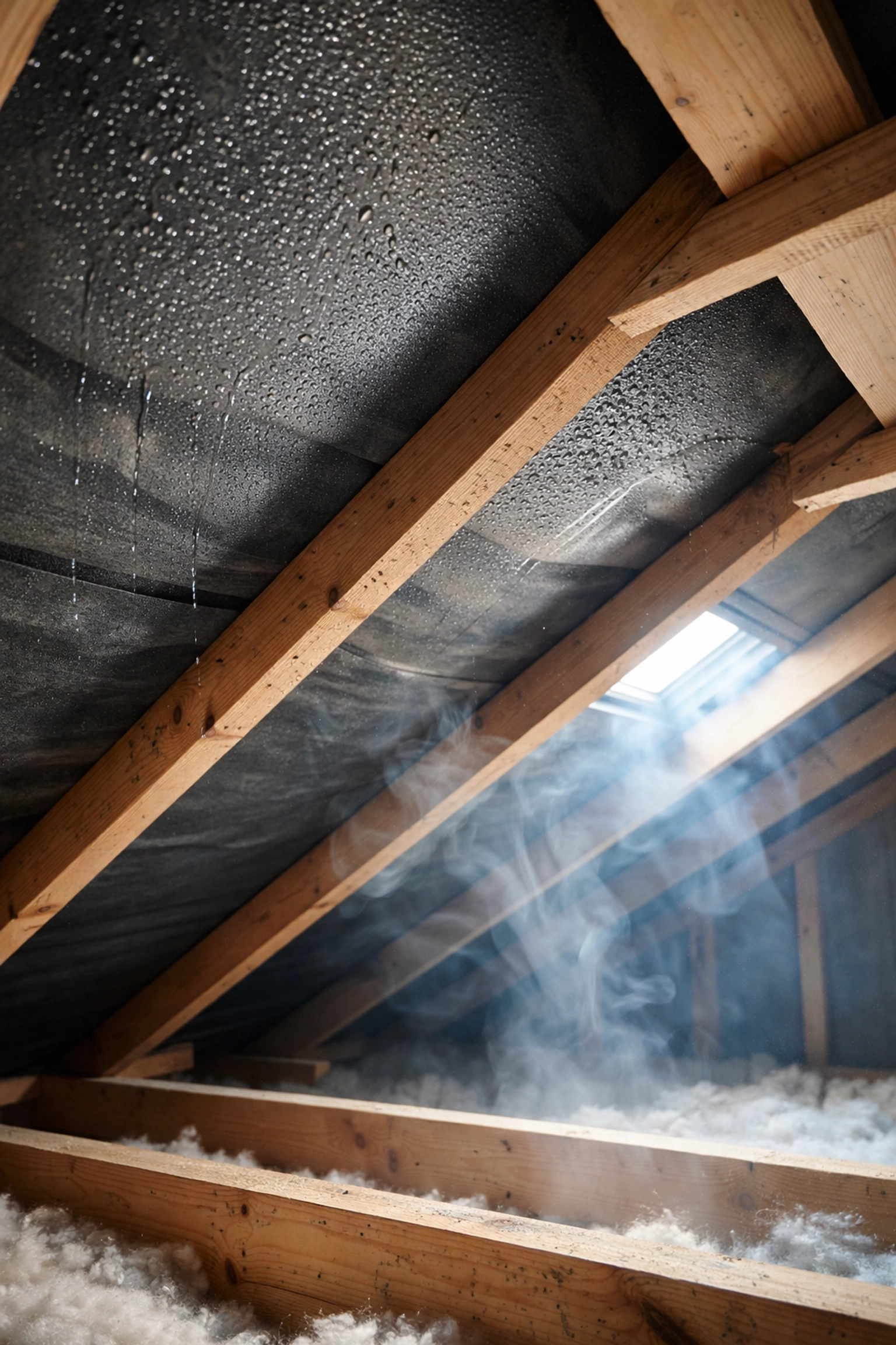 Attic with visible condensation and moisture damage on roof felt, highlighting poor ventilation issues in Northern Ireland homes