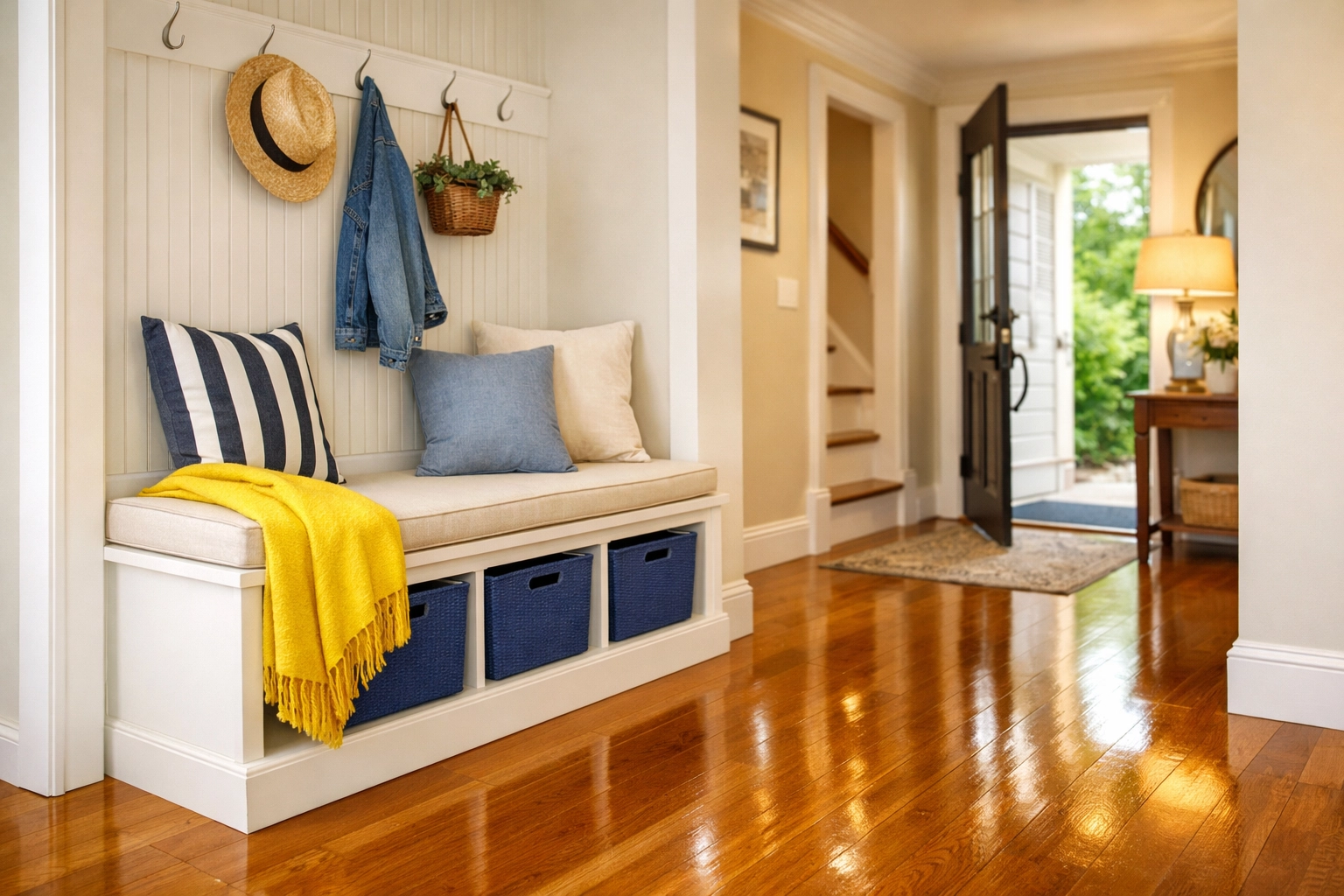 Bright Leominster home entryway with buffed hardwood floors from a local house cleaning company.