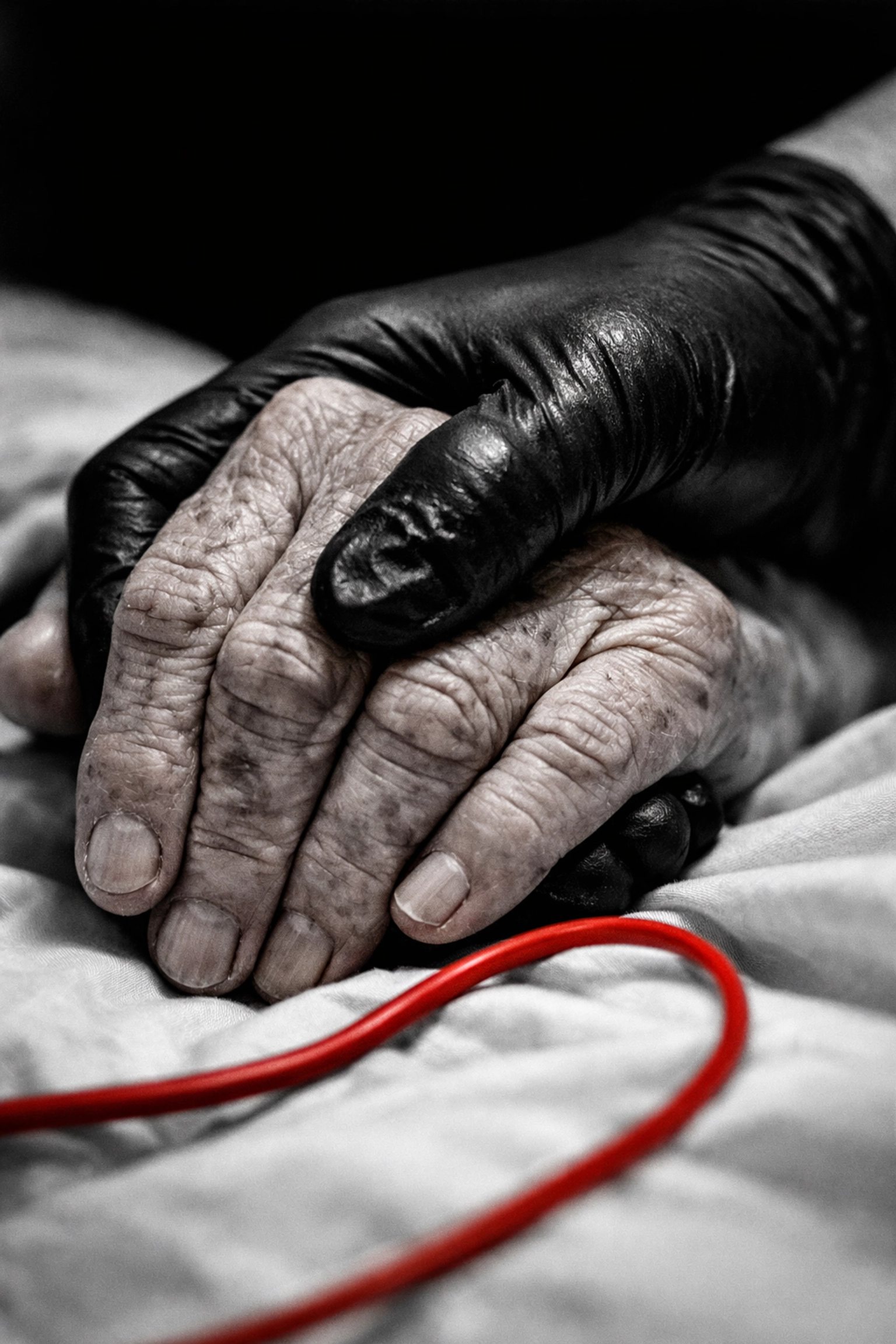 Healthcare worker holding an elderly patient's hand, highlighting the human social contract of care.